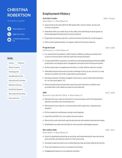 Activities Leader Resume