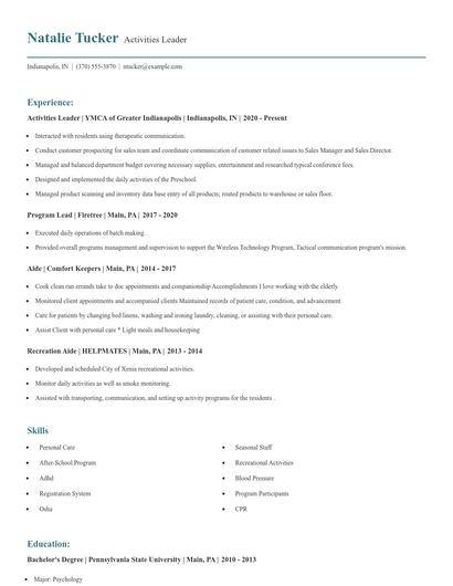 Activities Leader Resume