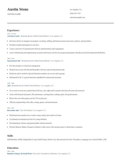 Activities Leader Resume