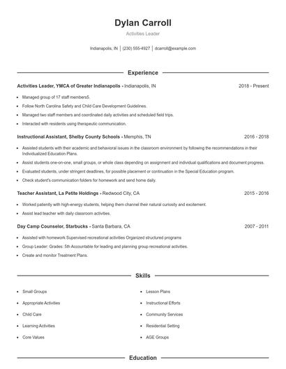 Activities Leader Resume