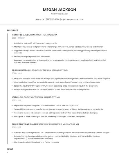 Activities Leader Resume