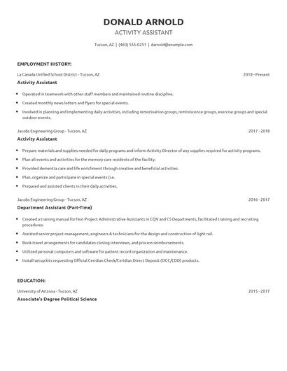Activity Assistant Resume