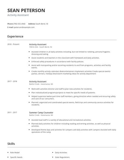 Activity Assistant Resume