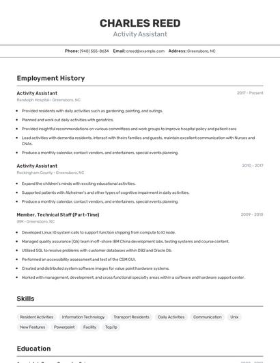 Activity Assistant Resume