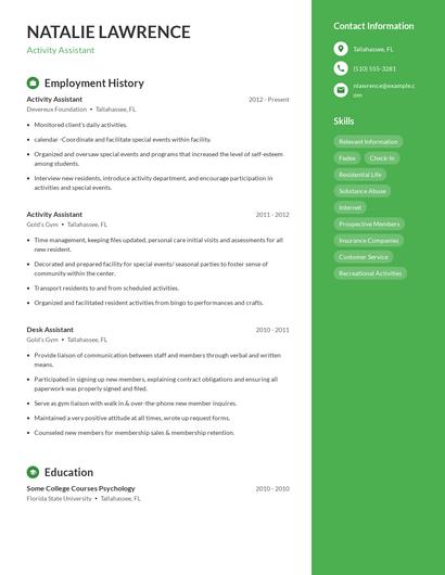 Activity Assistant Resume