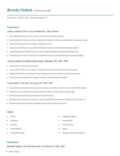 Activity Assistant Resume