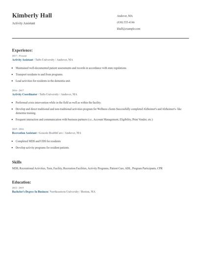 Activity Assistant Resume