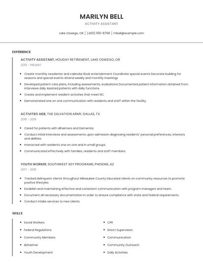 Activity Assistant Resume