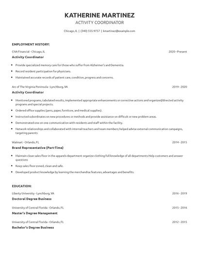 Activity Coordinator Resume