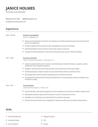 Activity Coordinator Resume