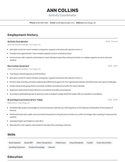 Activity Coordinator Resume