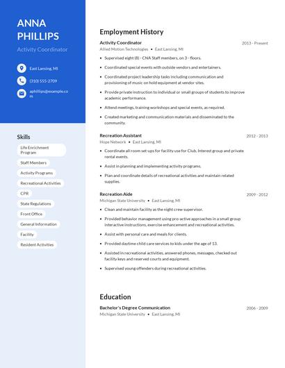 Activity Coordinator Resume