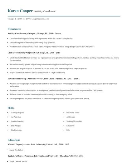 Activity Coordinator Resume