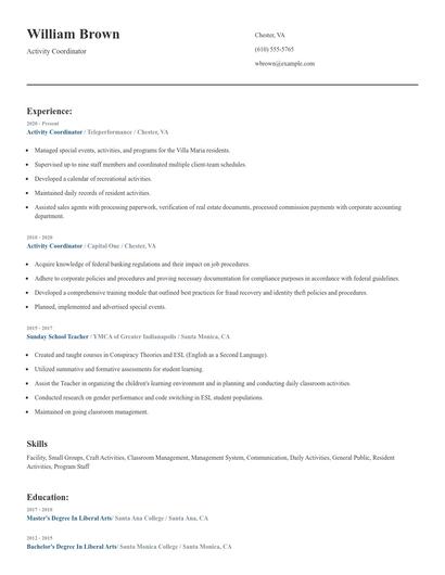 Activity Coordinator Resume