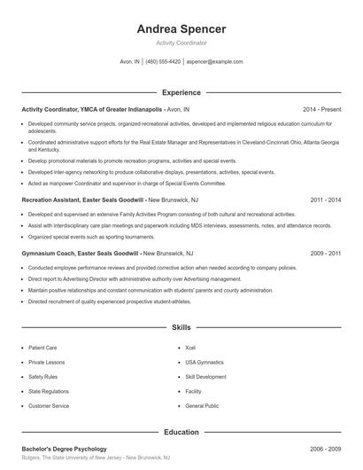 Activity Coordinator Resume