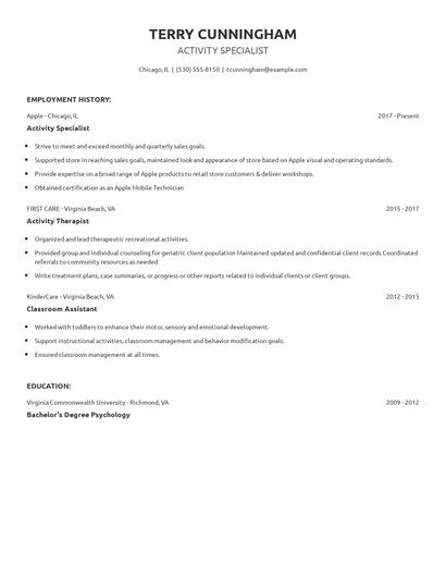 Activity Specialist Resume