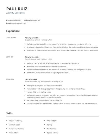 Activity Specialist Resume