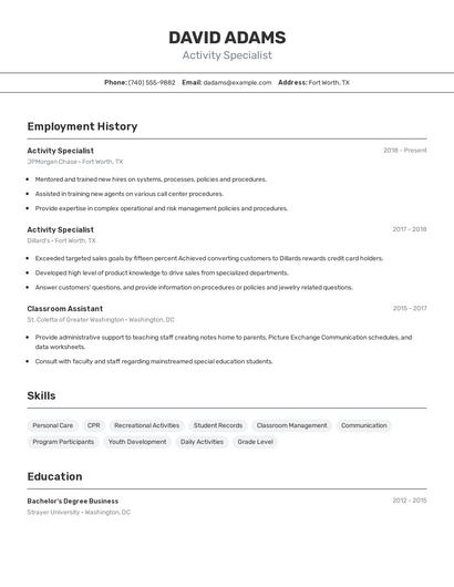 Activity Specialist Resume