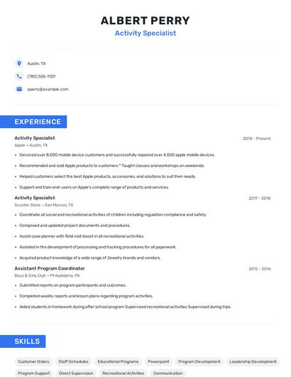 Activity Specialist Resume