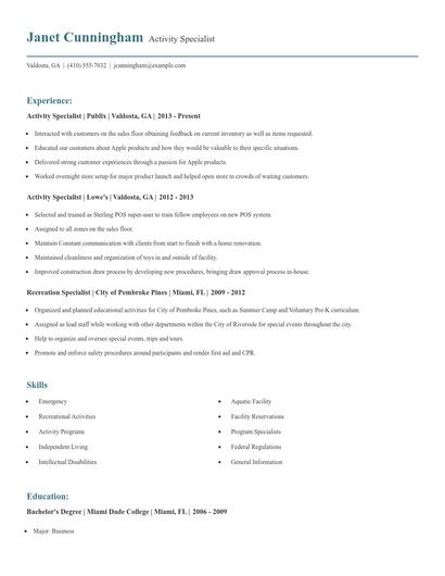 Activity Specialist Resume