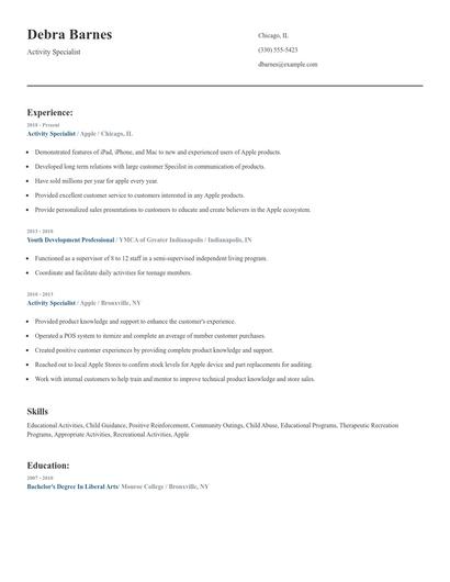 Activity Specialist Resume
