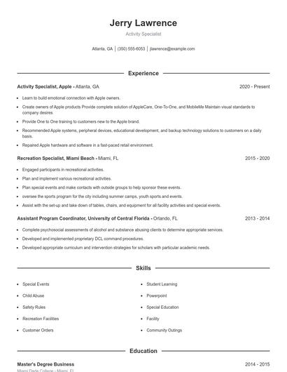 Activity Specialist Resume