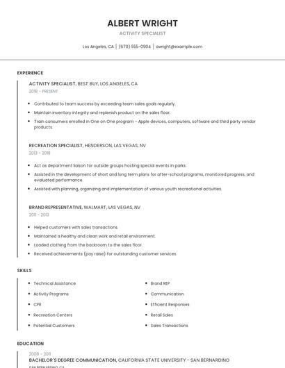 Activity Specialist Resume