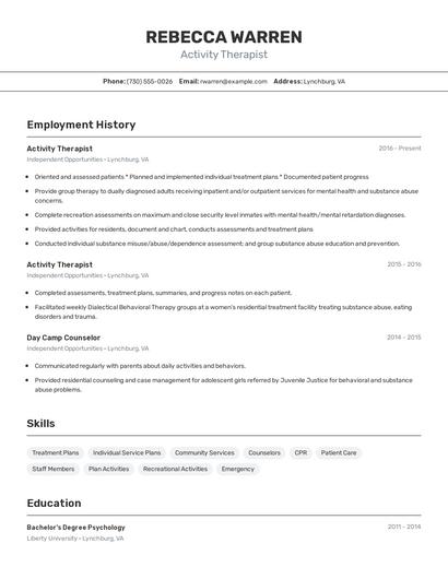 Activity Therapist Resume