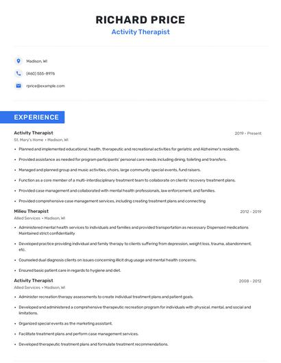 Activity Therapist Resume