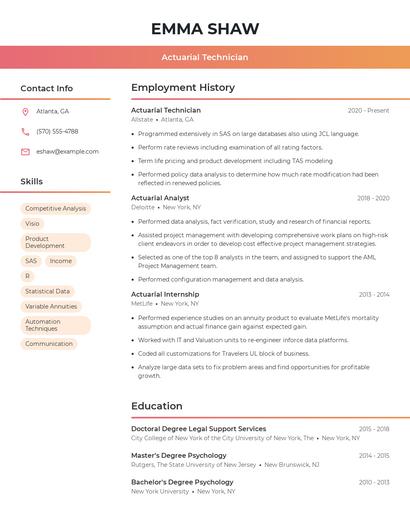 Actuarial Technician Resume