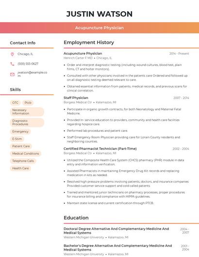 Acupuncture Physician Resume