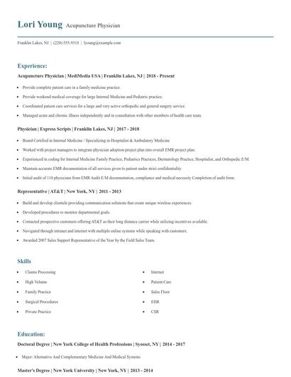 Acupuncture Physician Resume