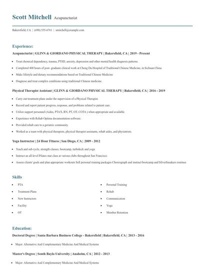 Acupuncturist Resume