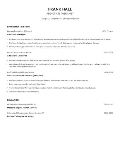 Addiction Therapist Resume