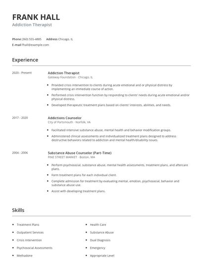 Addiction Therapist Resume