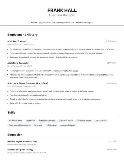 Addiction Therapist Resume