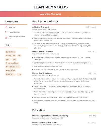 Addiction Therapist Resume