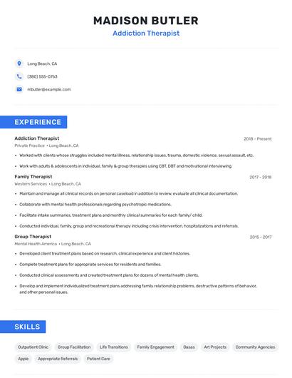 Addiction Therapist Resume