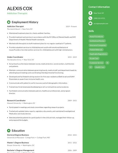 Addiction Therapist Resume