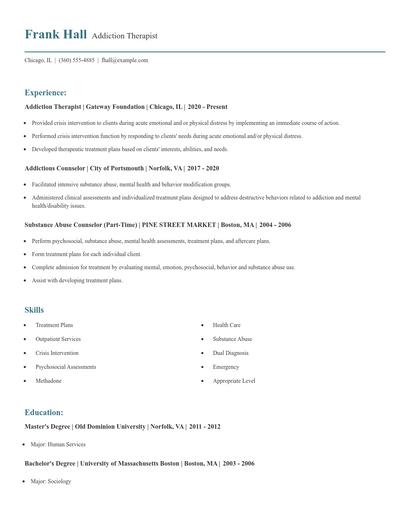 Addiction Therapist Resume