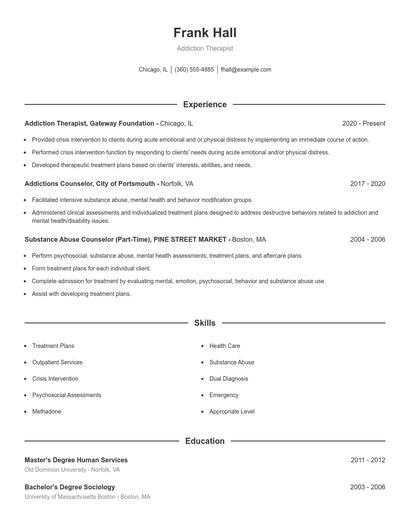 Addiction Therapist Resume