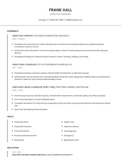 Addiction Therapist Resume