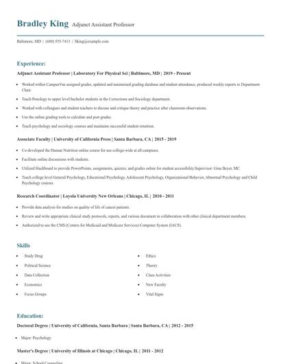 Adjunct Assistant Professor Resume