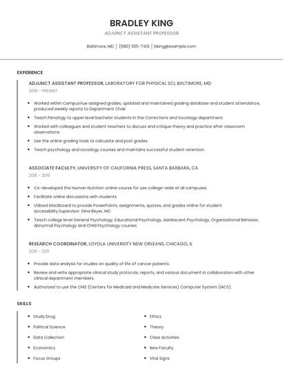 Adjunct Assistant Professor Resume