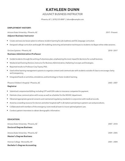 Adjunct Business Instructor Resume