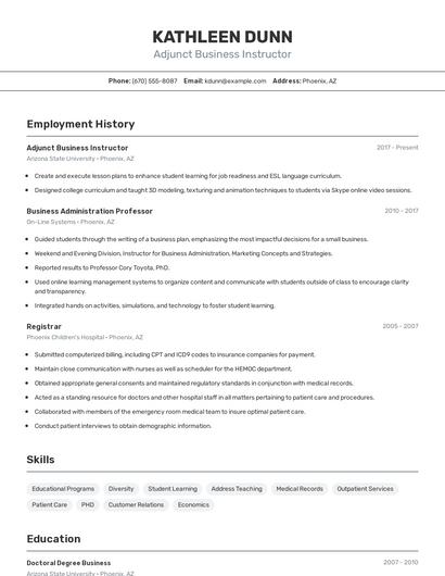 Adjunct Business Instructor Resume