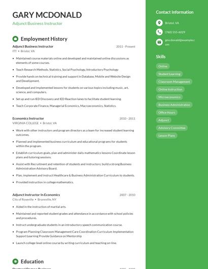 Adjunct Business Instructor Resume