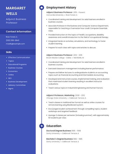 Adjunct Business Professor Resume