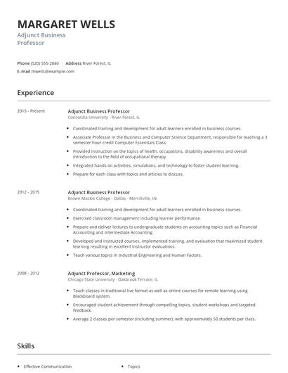 Adjunct Business Professor Resume