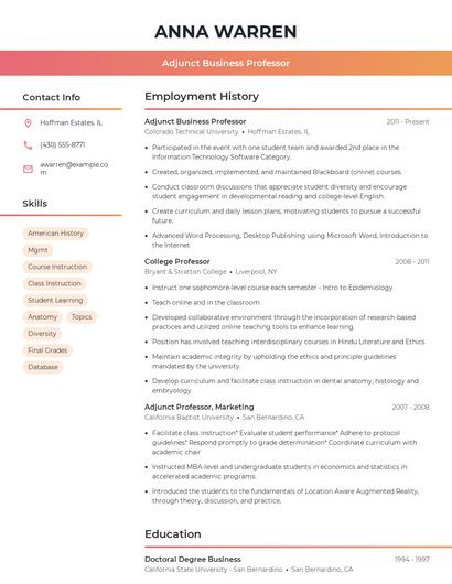 Adjunct Business Professor Resume